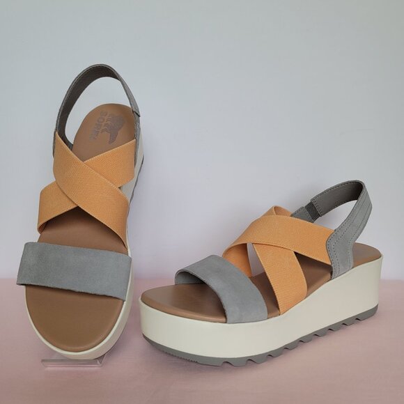 SOREL Cameron Flatform Slingback Suede/Fabric Sandals-Chrome Grey/Chalk Size 9⭐ - Picture 1 of 16